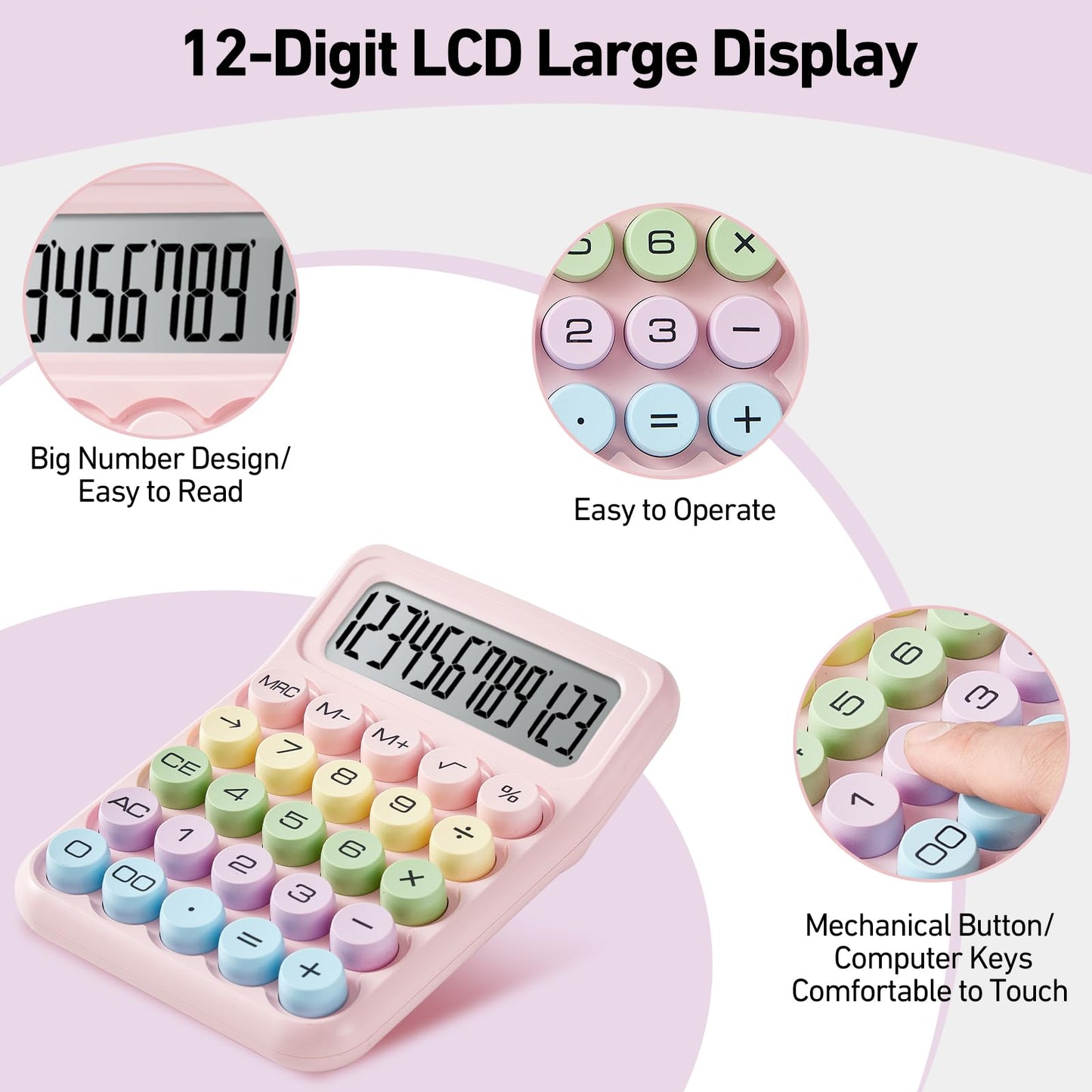 Electronic Calculator,12 Digits Large LCD Display Small Desktop Calculators,Pink Basic with Big Buttons,Easy to Press Mechanical Switch Calculator,4