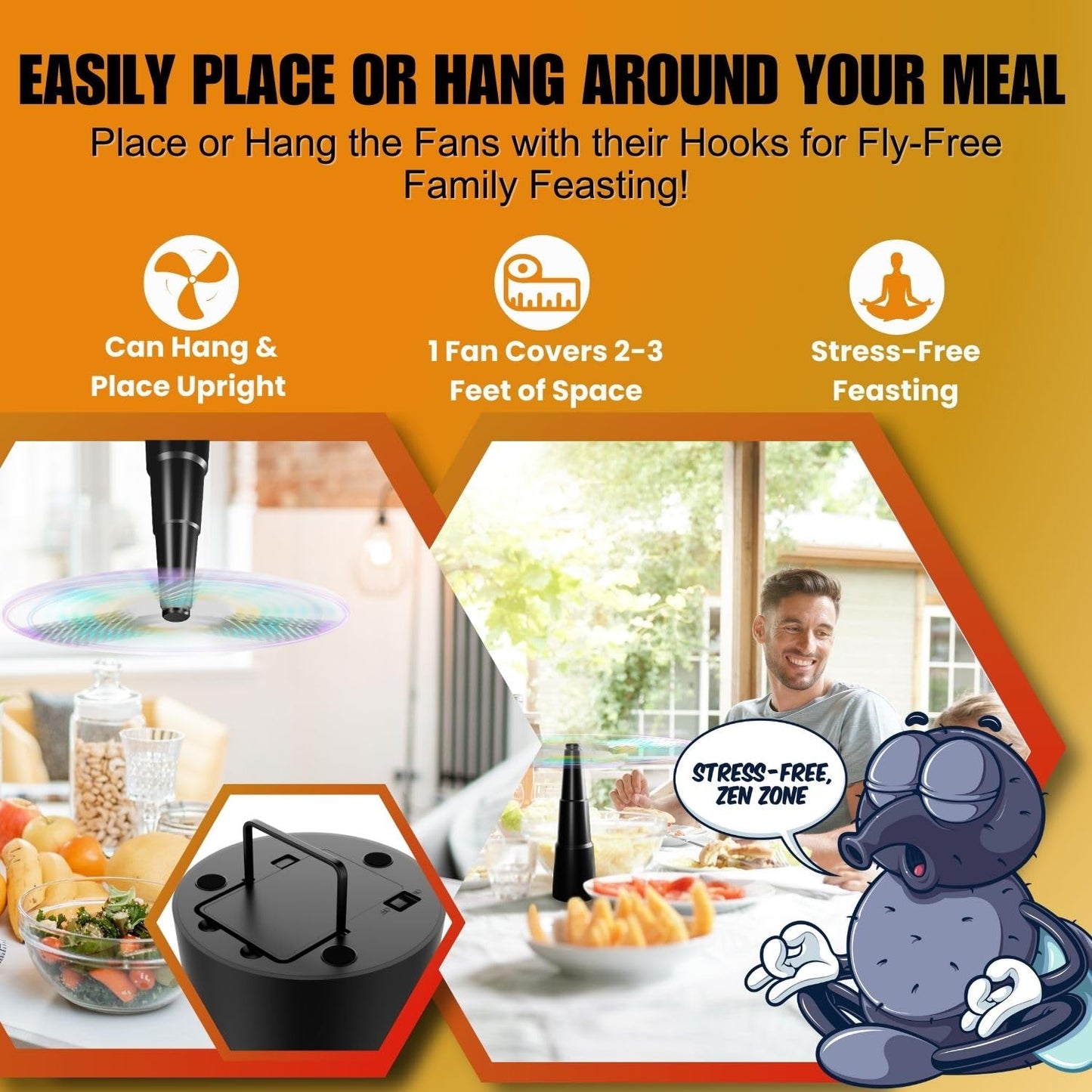 CreatureCops™ Fly Fans for Tables | Retractable, Silent for Outdoor Tables with Reflective Blades | Tabletop Fly Fan to Help Keep Fly Away from Food |