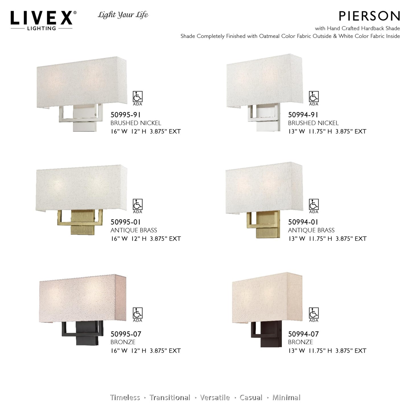 Livex Lighting 50994-07 Pierson Collection 2 Light Ada Wall Sconce, Oatmeal Fabric Outside, White Fabric Inside Hardback Shade, Bronze Finish