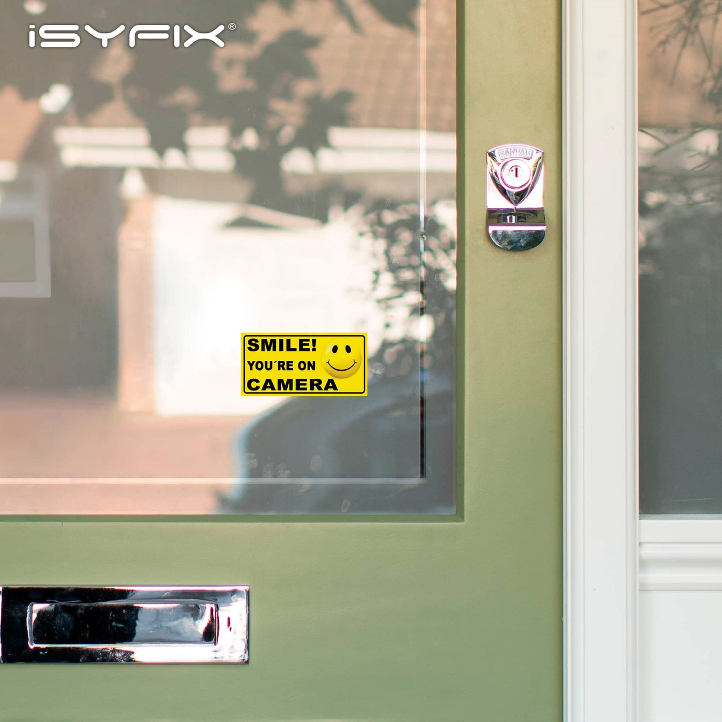 iSYFIX Smile You're On Camera Reflective Stickers for Home - 6 Pack 4x2 Inch - UV, Weather, Scratch, Fade Resistance, Security Camera Sign for Home