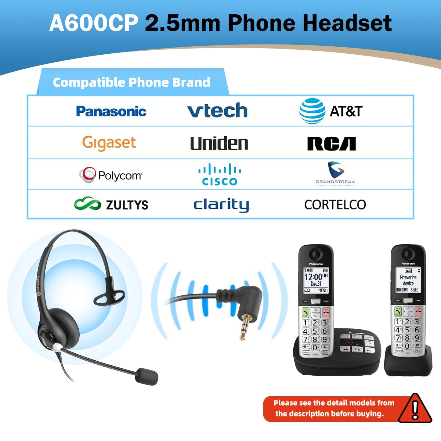 Arama Cordless Phone Headset for Landline Phone, 2.5mm Jack Telephone Headset with Noise-Cancelling Mic & Volume Control, Wired Headset Compatible