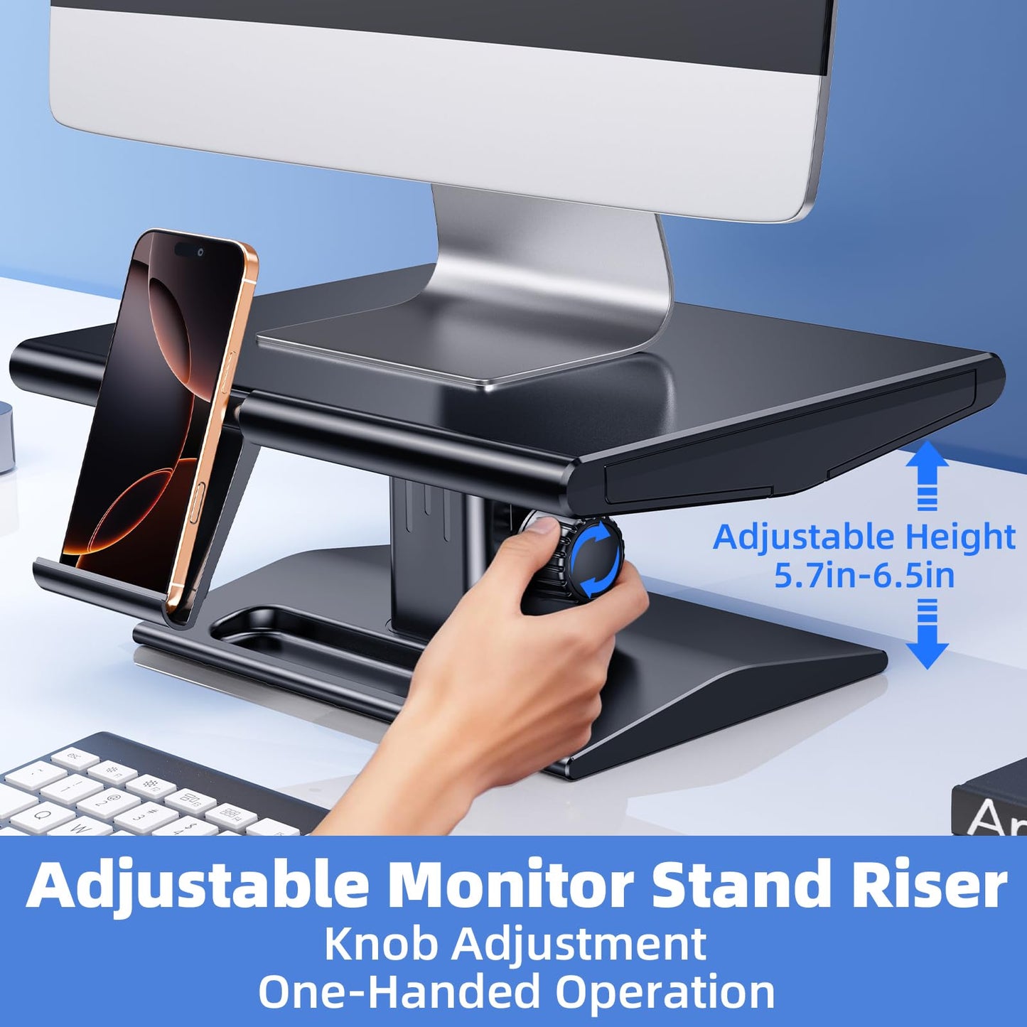nediea Computer Monitor Stand Riser,Height Adjustable Laptop Stand with Drawer & Phone Holder,Desktop Storage Stand for Printer,Desk Organizer