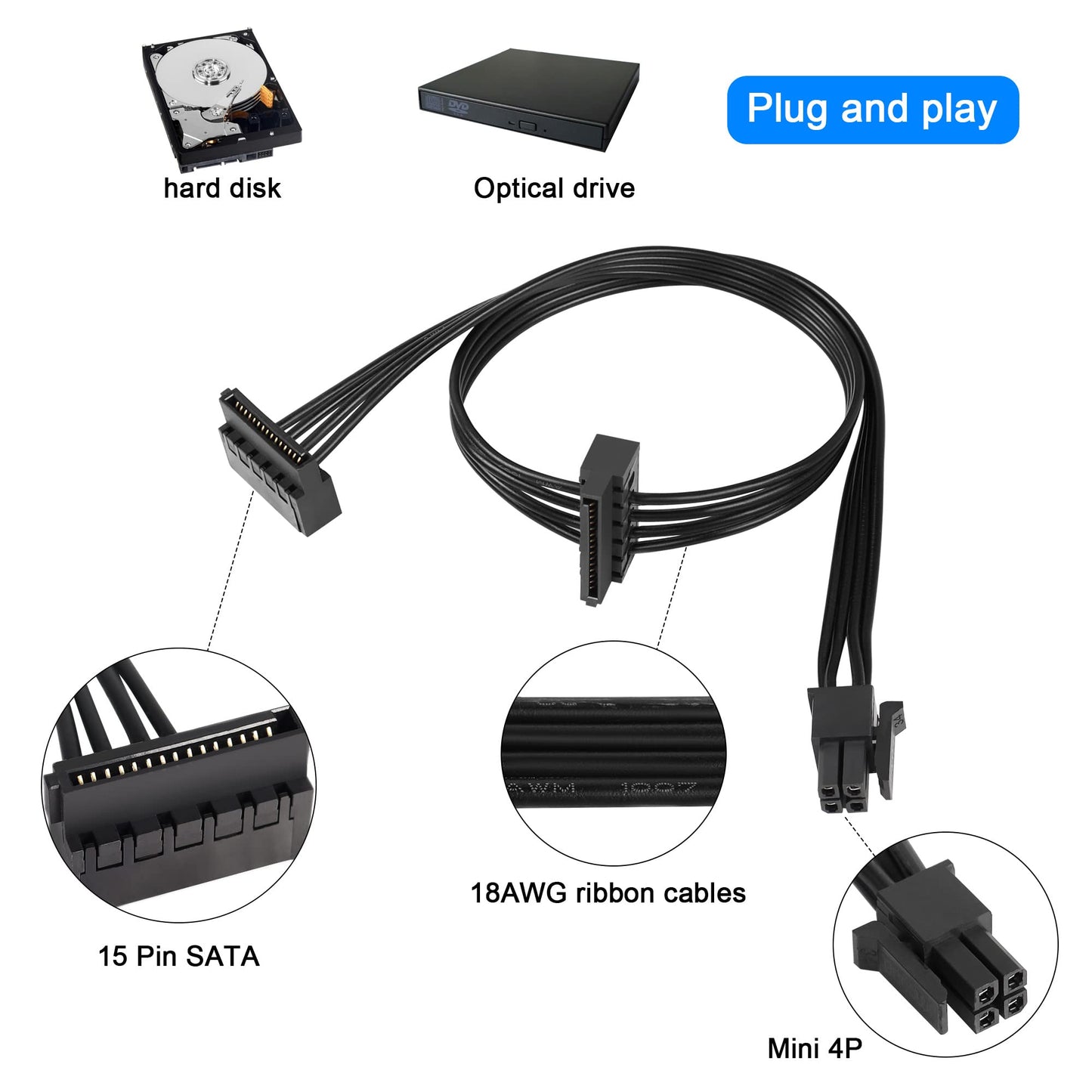 QIANRENON Mini 4-pin to 2X Right Angle SATA Hard Drive Cable 4-pin 1 to 2 SATA SSD Power Cord Extension Cable