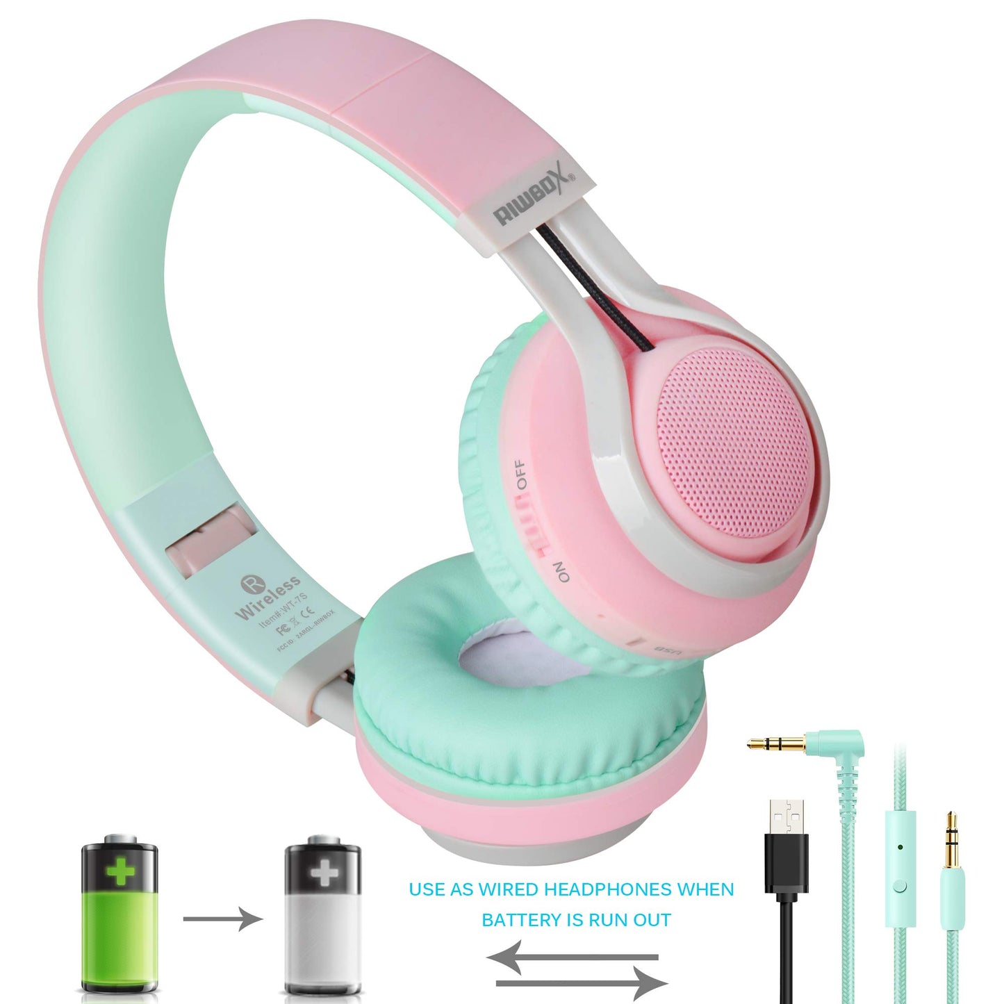 Riwbox WT-7S Bluetooth Headphones Light Up, Foldable Stero Wireless Headset with Microphone and Volume Control for PC/Tablet/TV/Travel (Pink Green)