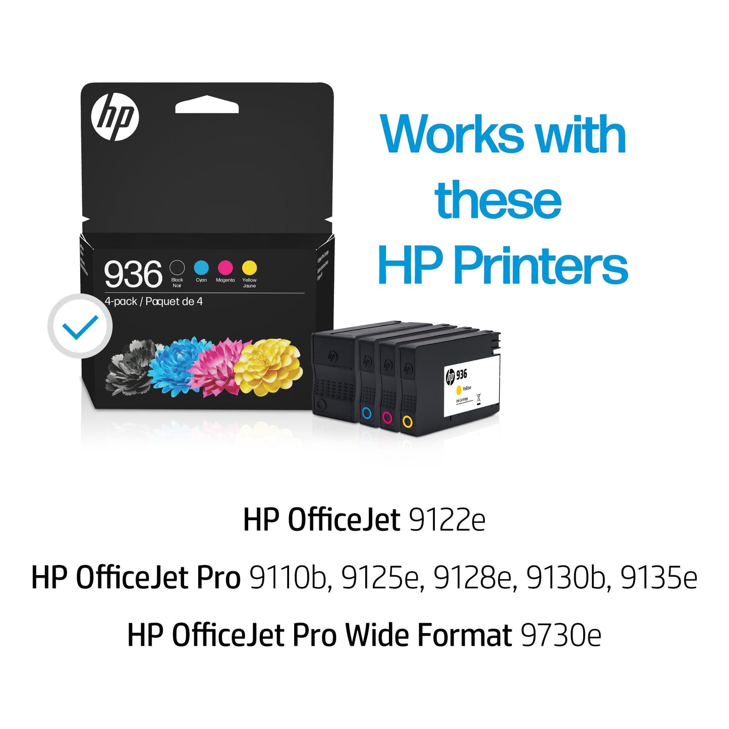 HP 936 Black, Cyan, Magenta, Yellow Ink Cartridges (4-Pack) | Works with OfficeJet 9120, Pro 9110, 9120, 9130, Wide Format 9730 | Eligible for Instant