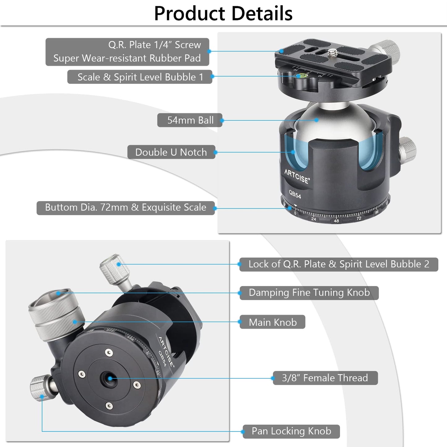 Low Profile Ball Head Unique 54mm Ball 360 Panoramic Tripod Head CNC Aluminium Alloy Metal Ball-Head Arca Swiss Quick Release Plate Max Loading