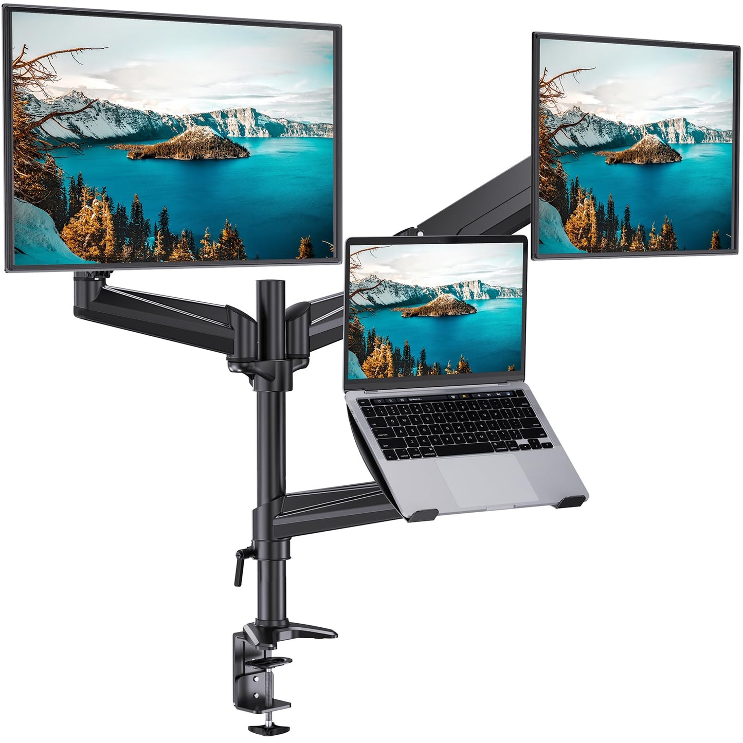 HUANUO Dual Monitor and Laptop Mount for Max 32” Monitor and 17” Laptop, Adjustable Arm with Tilt, Swivel and Rotation, Dual Monitor and Notebook