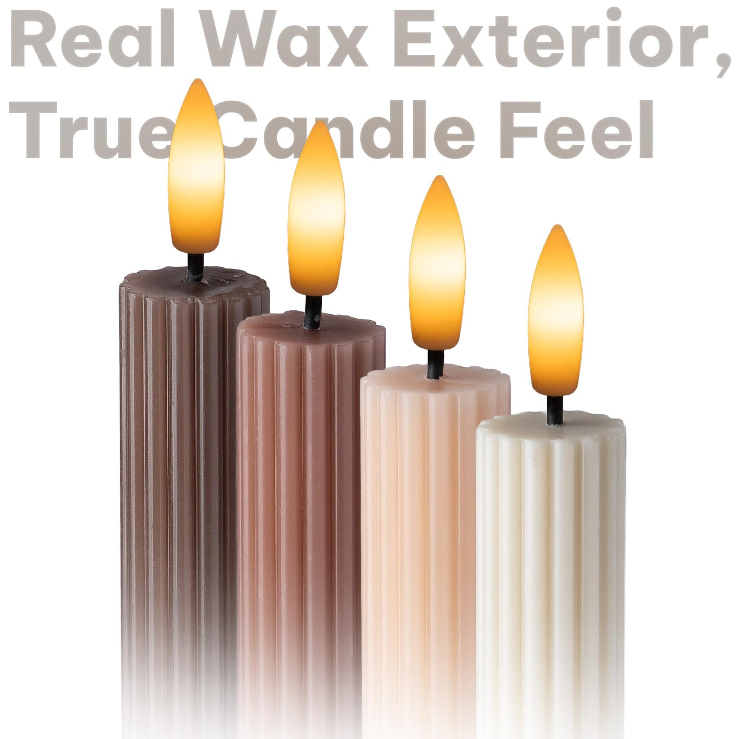 WYZworks Coordinated Chocolatey Mocha Brown 4 Pack, 10" Real Wax LED Flameless Fluted Ribbed Grooved Taper Candles, Remote & Timer Memory, On/Off