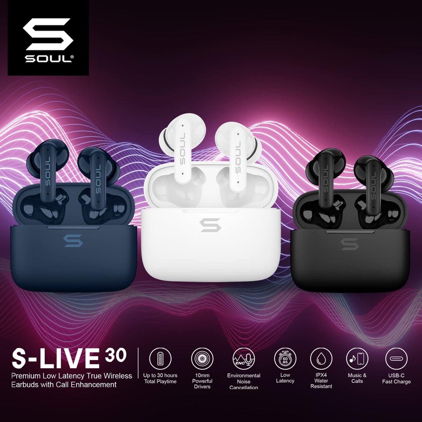 Soul Environmental Noise Cancelling Wireless Earbuds IPX4 Waterproof Bluetooth in Ear Headphones with Powerful Bass, 30H Playtime, Low Latency…