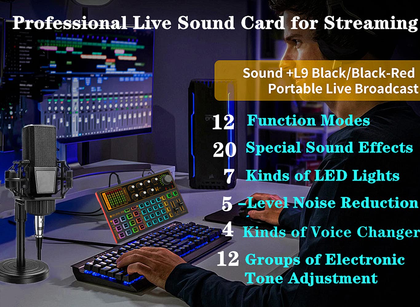 K300 Podcast Equipment Bundle, With Podcast Condenser Microphone, Voice Changer Sound Card with Multiple Sound Effects and LED Light, Prefect for