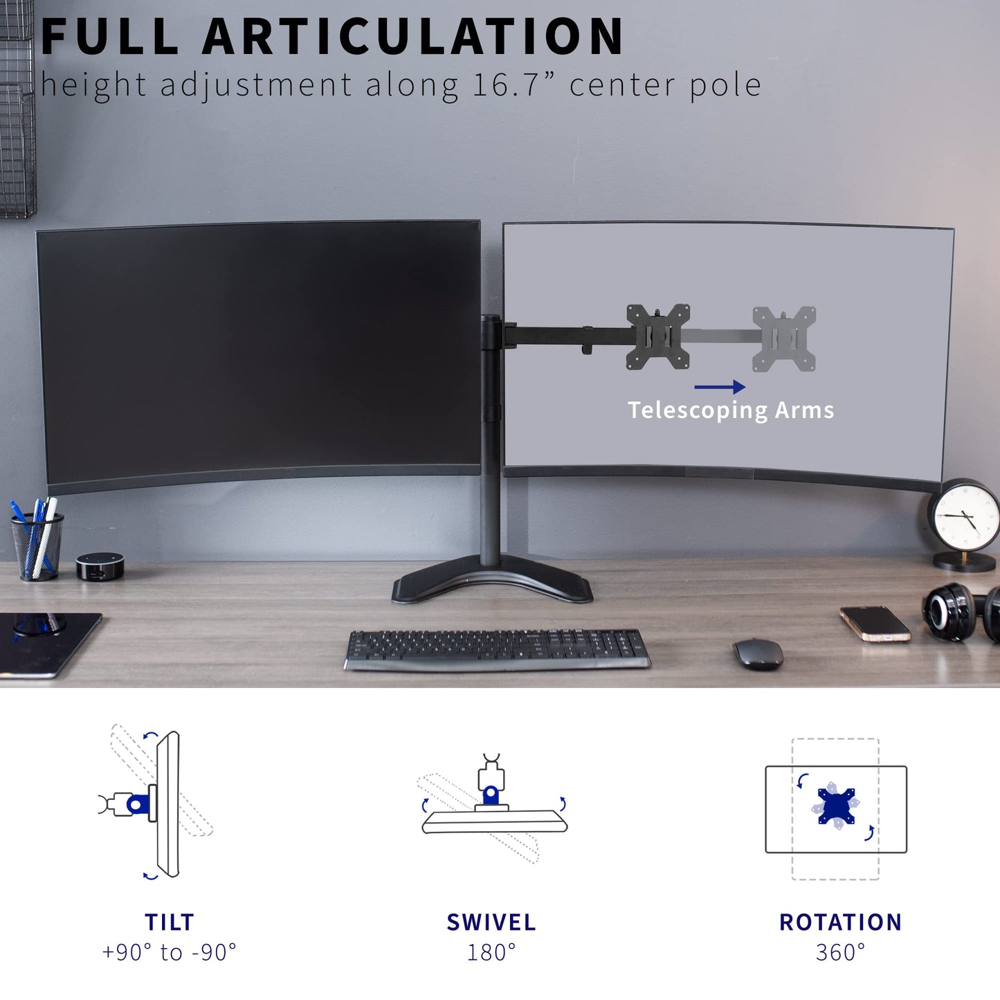 VIVO Premium Dual Ultra Wide LCD LED 27 to 38 inch Monitor Desk Stand, Heavy Duty, Free-Standing Telescoping Arms, Flush Wall Setup, Fits 2 Screens