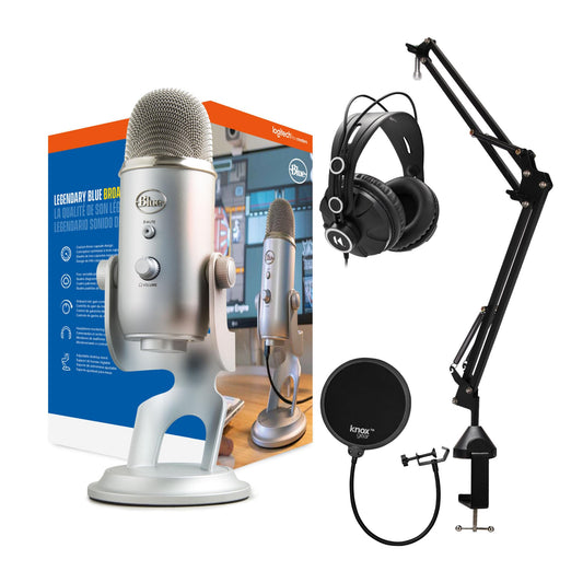 Blue Microphones Yeti USB Microphone Bundle with Desktop Boom Arm Stand, TX-100 Closed-Back Studio Monitor Headphones, and Pop Filter (4 Items)