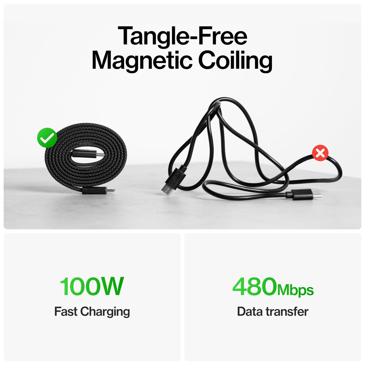 Statik MagStack Slim Pro USB C to C Flat Coil Magnetic Charging Cable, 100W
