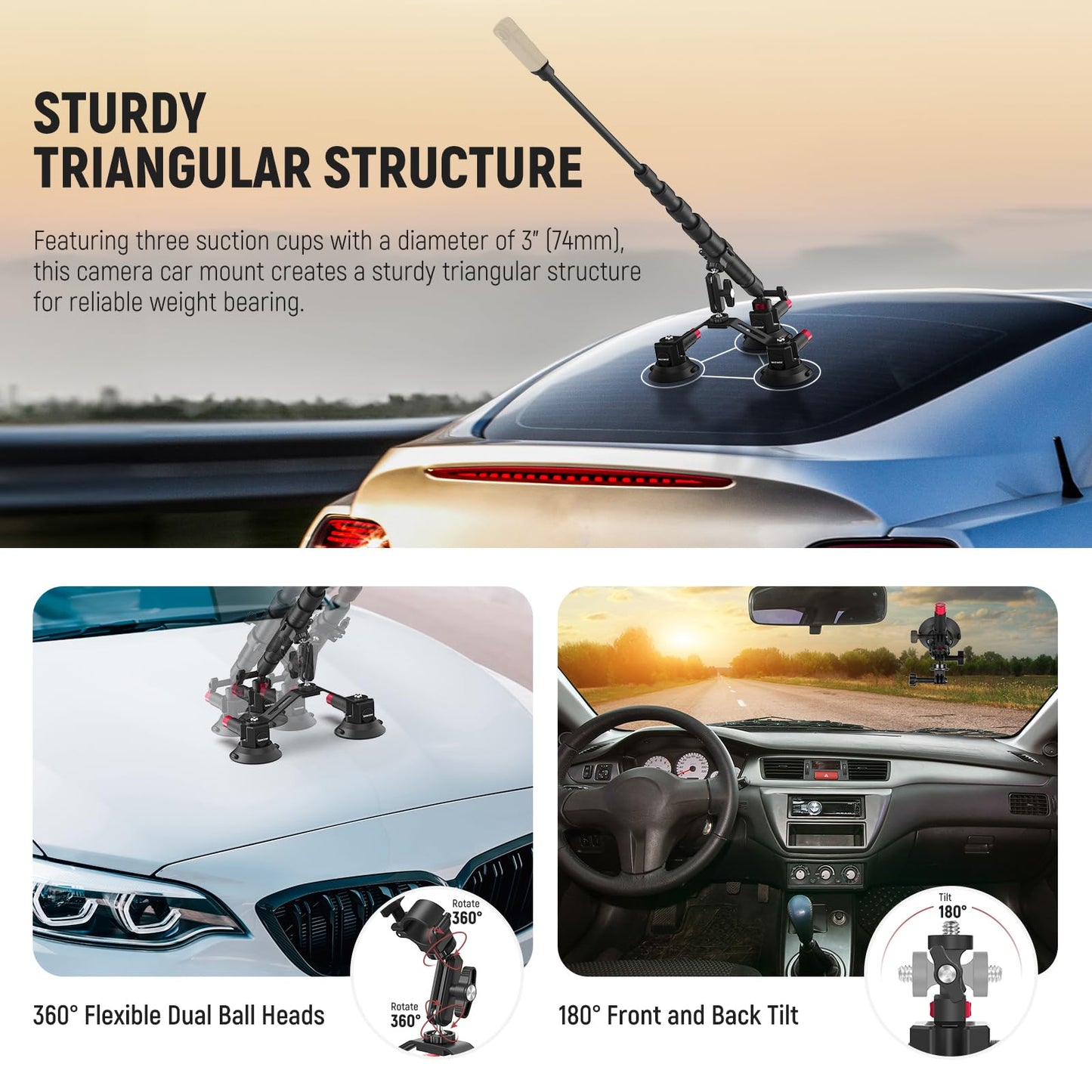 NEEWER Triple Suction Cup Car Mount Compatible with Insta360 X5 X4 GoPro DJI OSMO 360 Cameras, Quick Release Outside Windshield Magic Arm Mount Kit