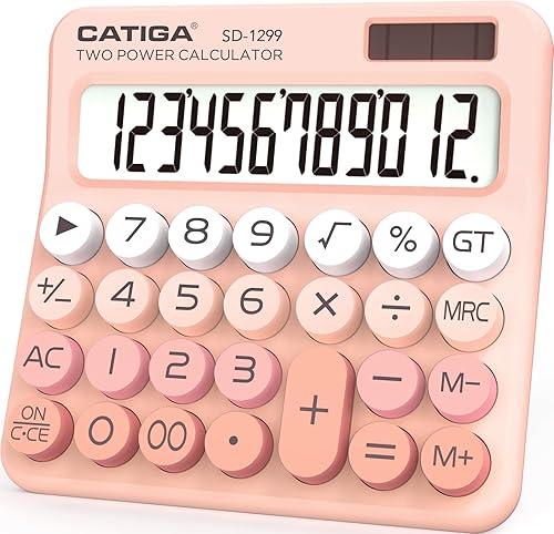 CATIGA Mechanical Switch Calculator with Solar and Battery Dual Power, 12-Digit Large LCD Display, Aesthetic and Cute Desktop Calculator with Big