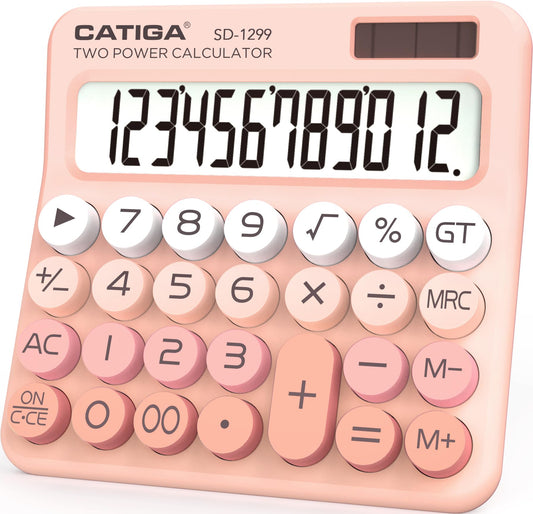 CATIGA Mechanical Switch Calculator with Solar and Battery Dual Power, 12-Digit Large LCD Display, Aesthetic and Cute Desktop Calculator with Big