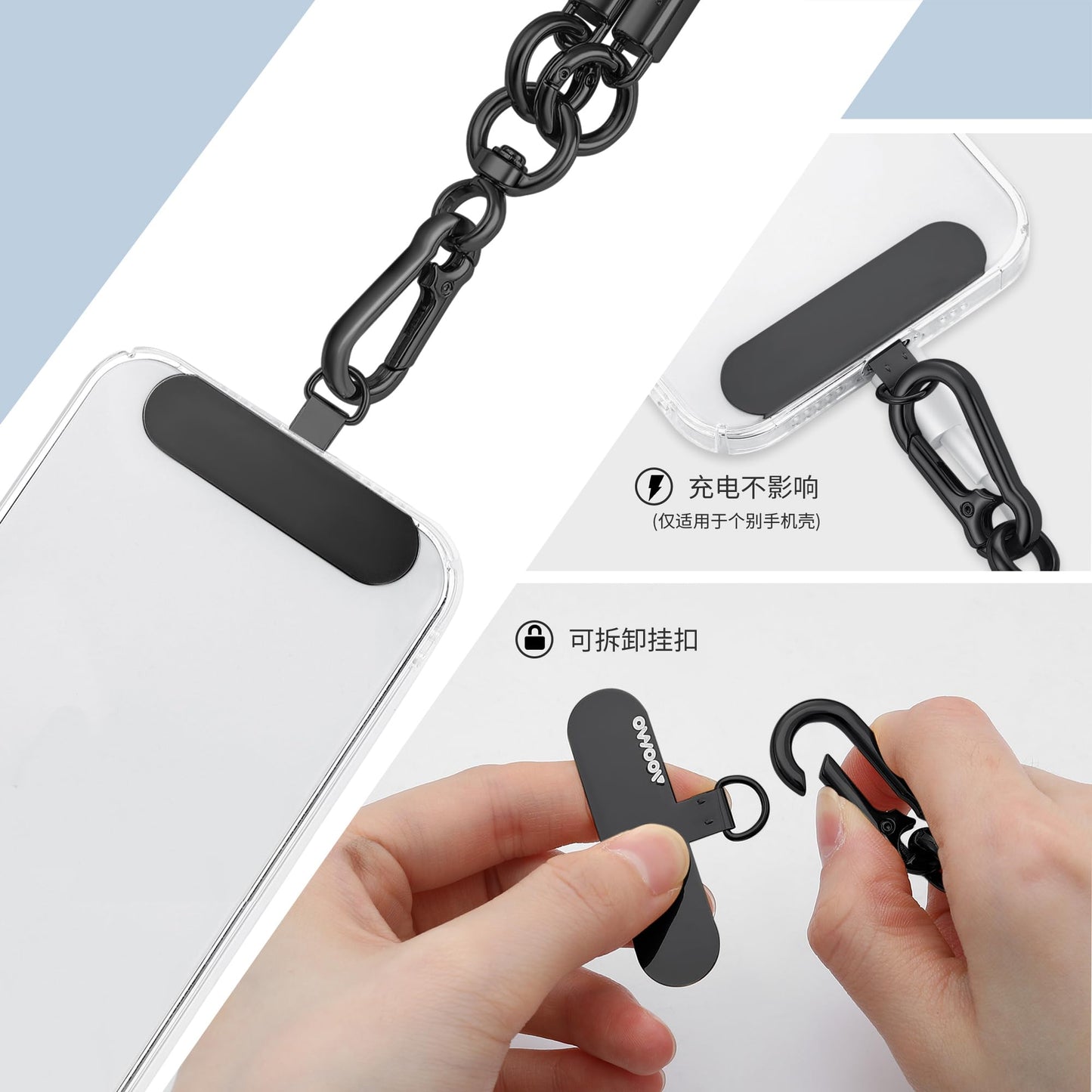 AOOMO Phone Tether Tab, Metal Patch, Phone Strap Replacement Part for Cell Phone, Safety Lanyard Patch (2 PCS Black)