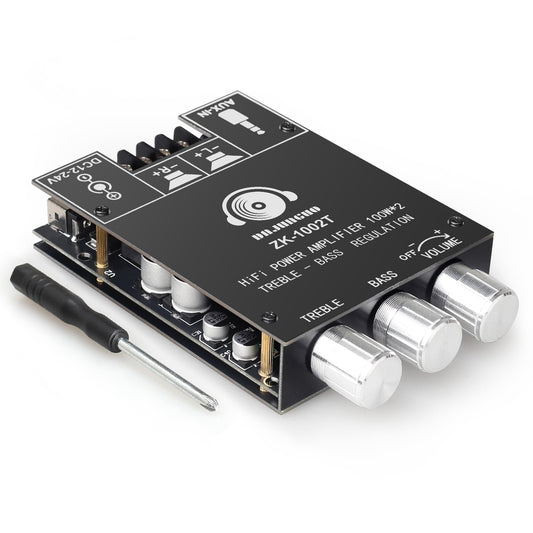 100W+100W Amplifier Board with Treble and Bass Control, DC 9-24V, BT and AUX Inputs, 2.0 Channel Stereo AMP Board for DIY Wireless Speakers, Password