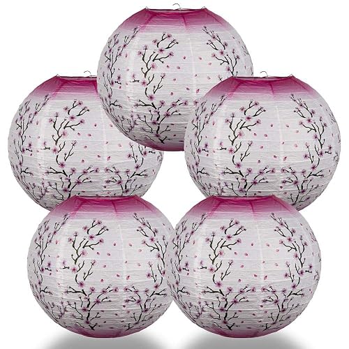 Quasimoon Paperlanternstore.com 5 Pack - 14 Inch Pink Cherry Blossom Tree Japanese Paper Lantern, Hanging Party Decoration Combo Set