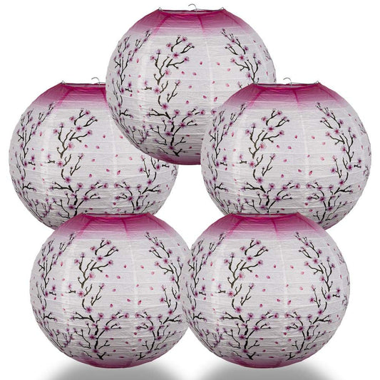 Quasimoon Paperlanternstore.com 5 Pack - 14 Inch Pink Cherry Blossom Tree Japanese Paper Lantern, Hanging Party Decoration Combo Set
