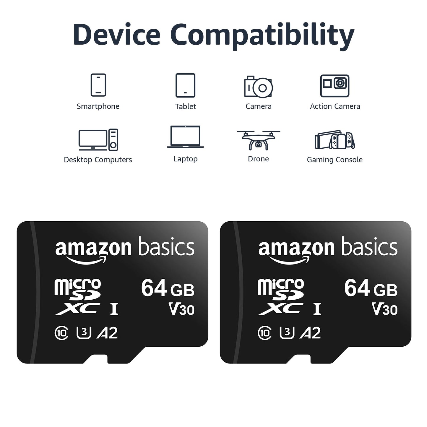 Amazon Basics microSDXC Memory Card with Full Size Adapter, A2, U3, Read Speed up to 100 MB/s, 64GB, Black (2pack)
