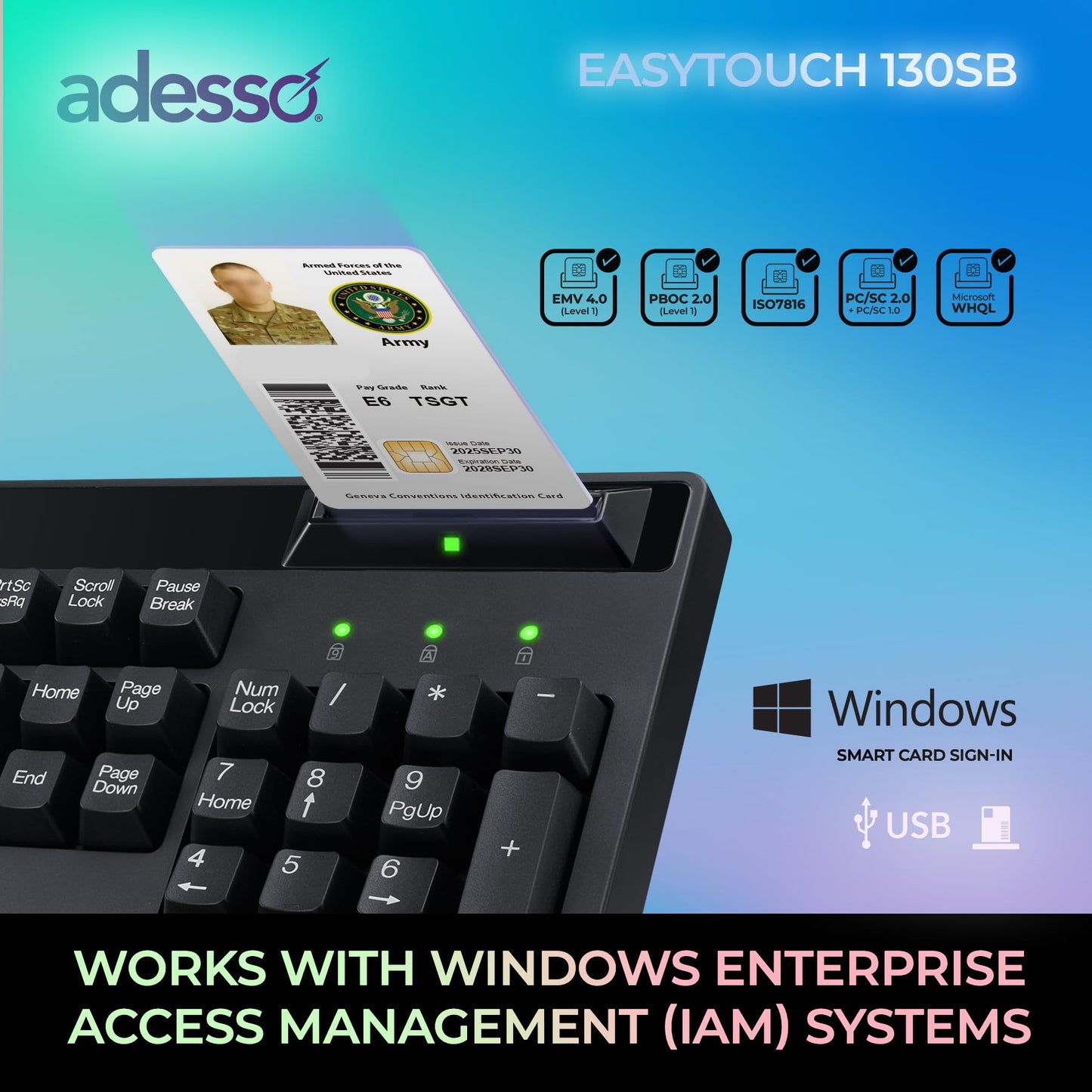 Adesso EasyTouch 130SB Wired Mechanical Keyboard with Red Switches, Built-in Smart Card Reader, Copilot AI Hotkey, 2X Large Print Keycaps, 104 Key
