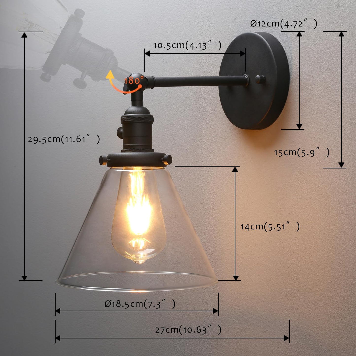 Pathson Hardwired Wall Sconce with Switch, Indoor Wall Lighting Fixtures with Funnel Clear Glass Shade, Vintage Vanity Lamps for Bathroom Lighting