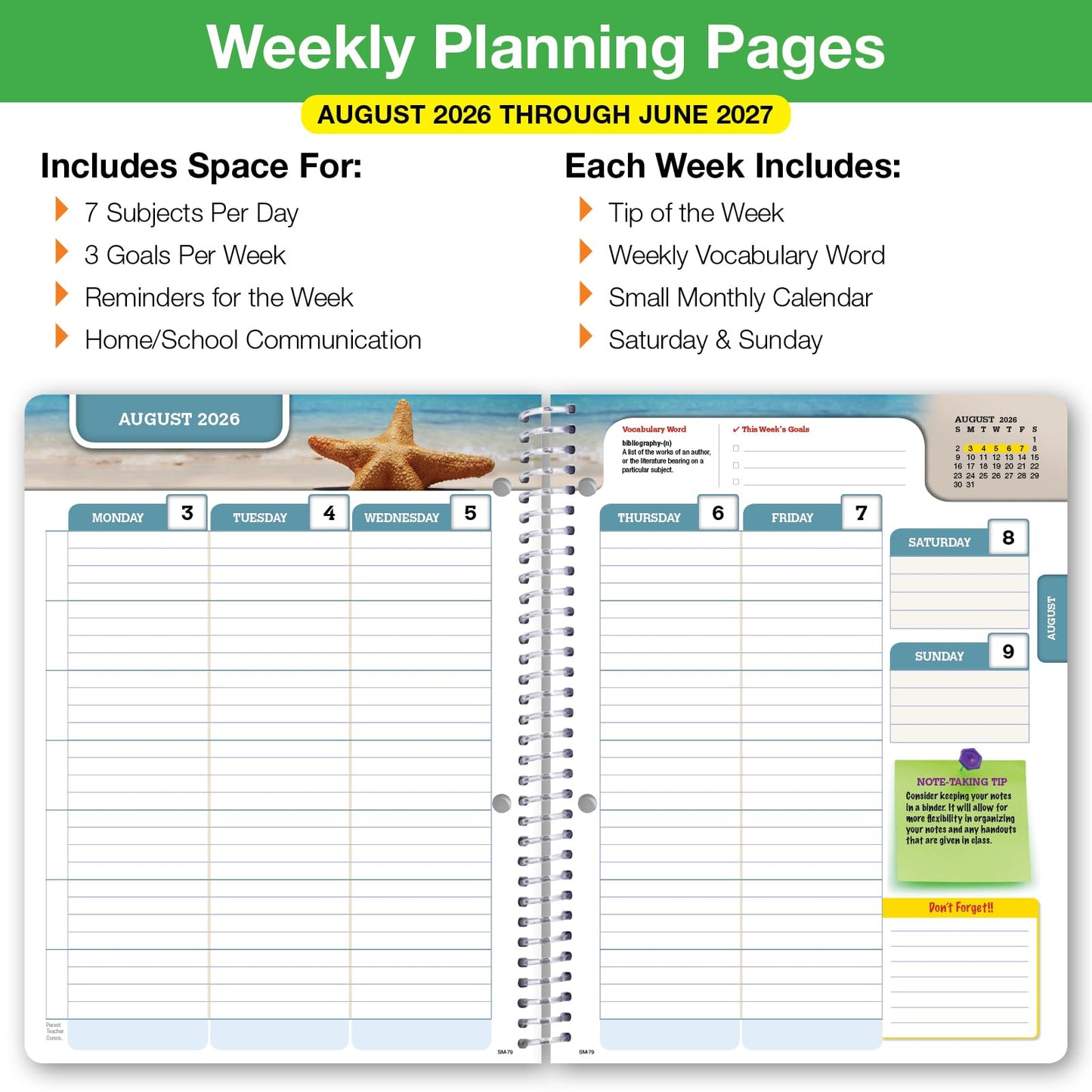 Global Datebooks 2026-2027 Middle & High School Student Planner 7" x 9" - Dated Weekly & Monthly Academic Planner w/Ruler/Bookmark & Stickers, Ideal