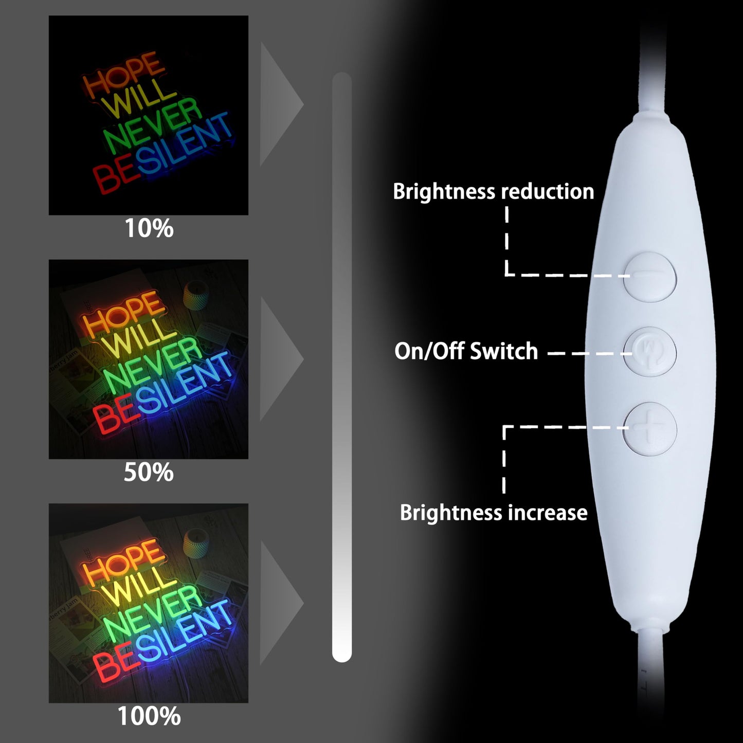 AEHEMNGZ Hope Will Never Be Silent Neon Sign Usb Powered Colorful Rainbow Neon Light Dimmable Motivational Letter Light Up Sign for Bedroom Office Gym