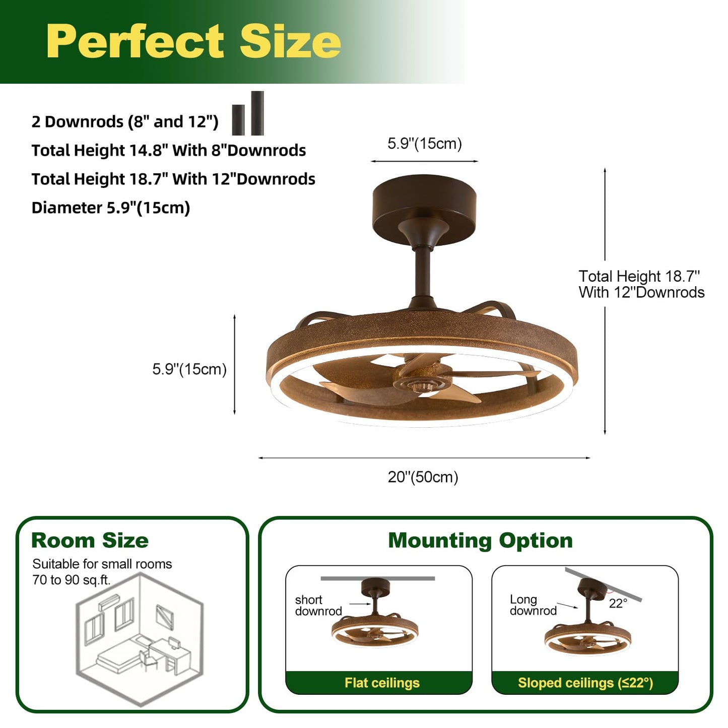 SAYTOP Farmhouse Fandelier Retro Ceiling Fan with Light, 20" Rustic Brown Dimmable LED Chandelier Ceiling Fans, Low Profile Smart Bladeless Ceiling