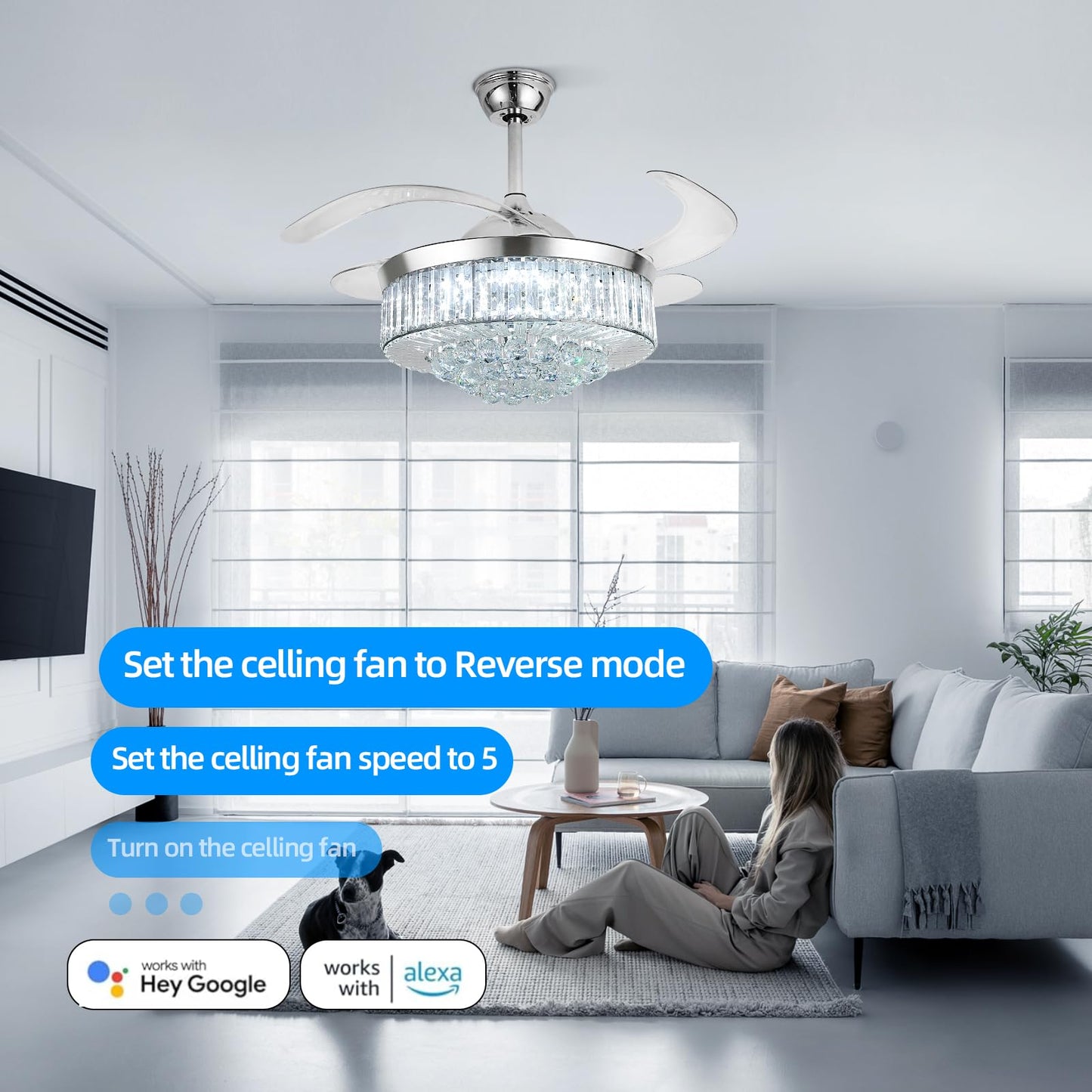 42" Smart Retractable Crystal Ceiling Fan with Light: Alexa/Google Home & Remote, Bluetooth Speaker, Dimmable RGB Light, 6-Speed Reversible Fandelier