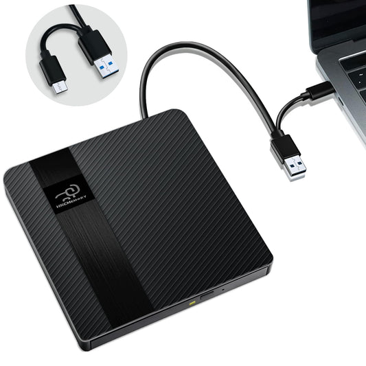 HKCMEMORY External CD/DVD Drive USB 3.0 & Type-C Slim Portable DVD Player+/-RW Disk Drive CD Burner Writer Reader CD ROM, for Laptop Desktop PC