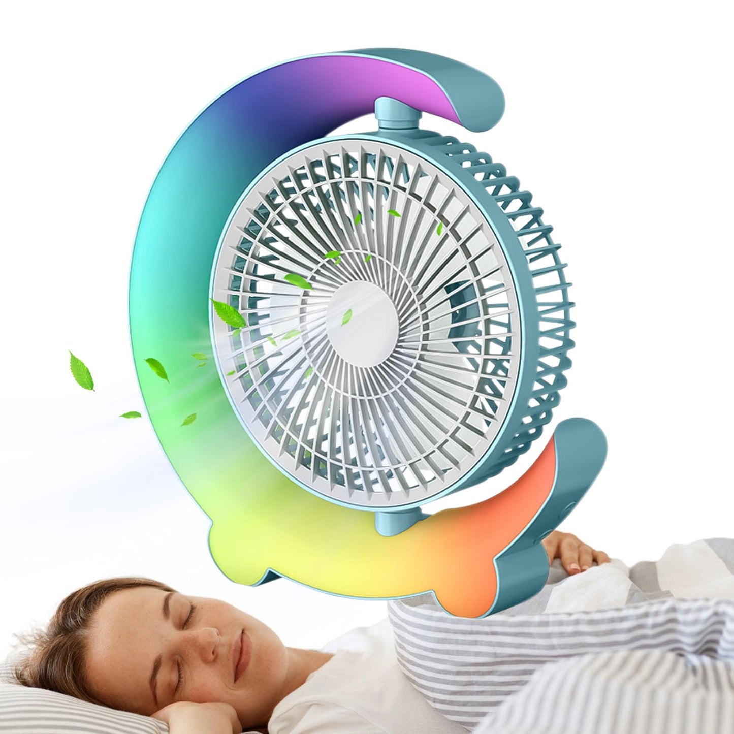 Erice Desk fans small quiet, 3 Speeds Adjustable Table Fan with Ambient Light, Personal Fan Can Rotate 360 ° Provide Five Levels of Lighting and Color