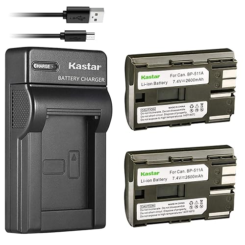 Kastar Battery X2 + Slim USB Charger Replacement for BP-511 BP-511A BP511, EOS 5D 10D 20D 30D 40D 50D Digital Rebel 1D D60 300D D30 Kiss Powershot G5