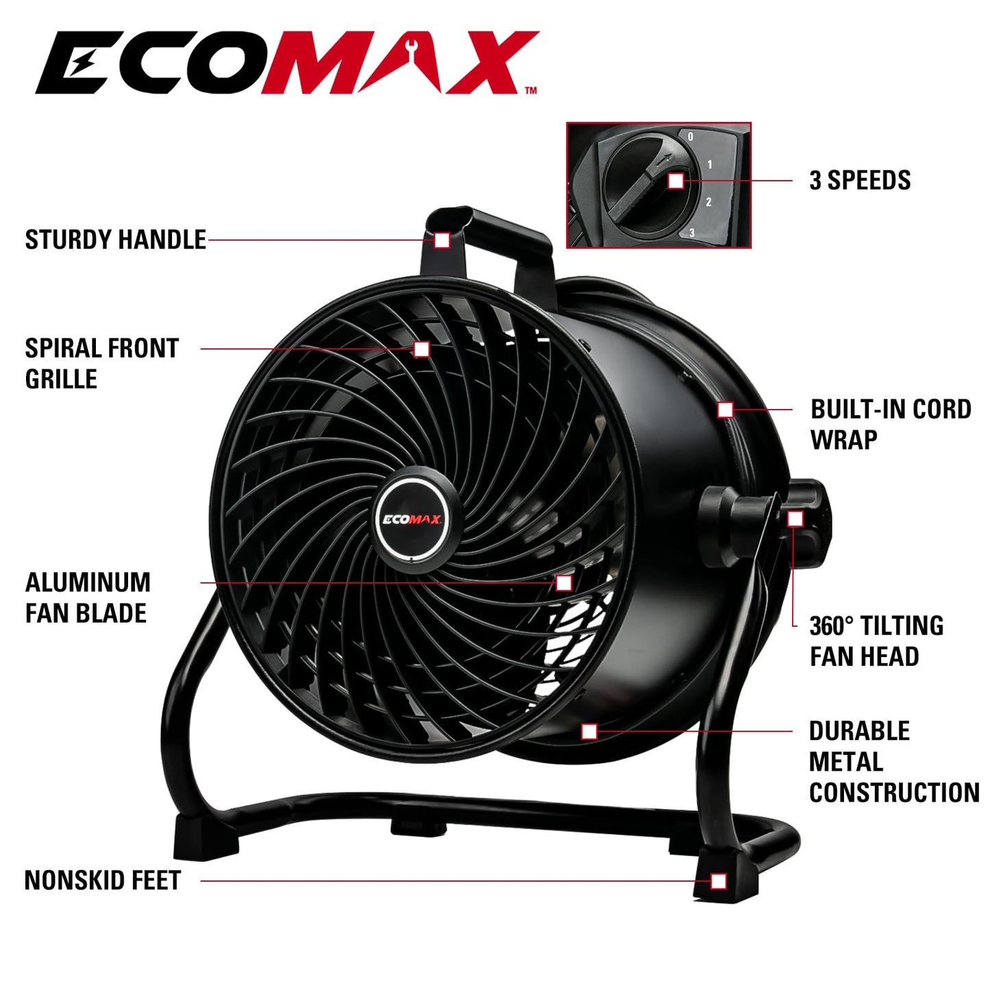 ECOMAX Drum Fan, 10 Inch High Velocity Industrial Shop Fan, Ultra-Quiet