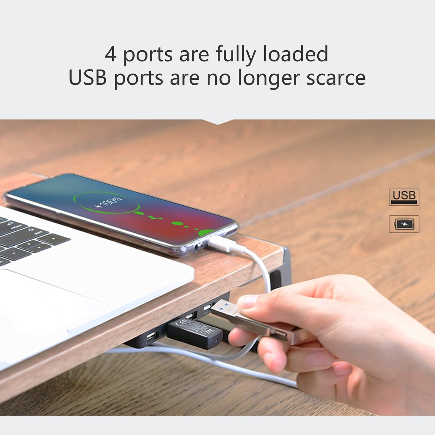 DESAINOPH Monitor Stand with 4-USB Hub,Support Transfer Data and Charging,Desk Organizer,Wood&Aluminum Alloy Monitor Riser
