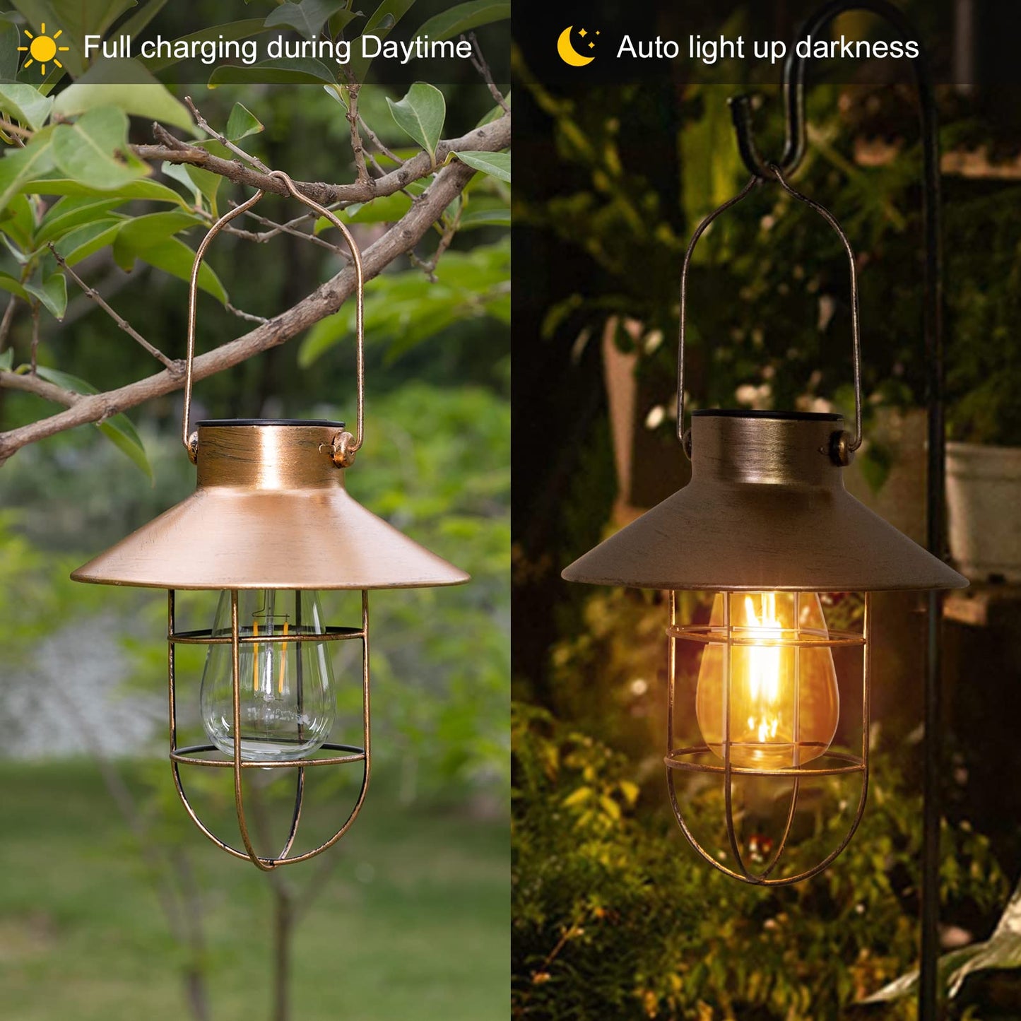 pearlstar Solar Lantern Outdoor Hanging Light Metal Farmhouse Solar Lamp with Warm White Edison Bulb Design for Garden Yard Patio Porch Decor (Brushed