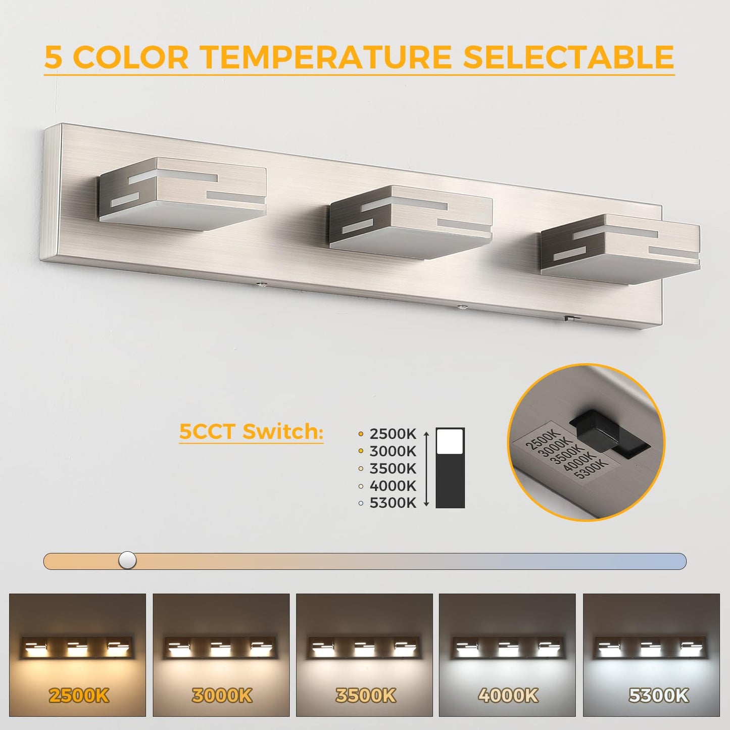 MKBNG 3-Light 5CCT Modern Bathroom Vanity Light Fixtures, 24-Inch 350° Rotatable LED Vanity Lights Over Mirror, Dimmable Brushed Nickel Wall Sconce