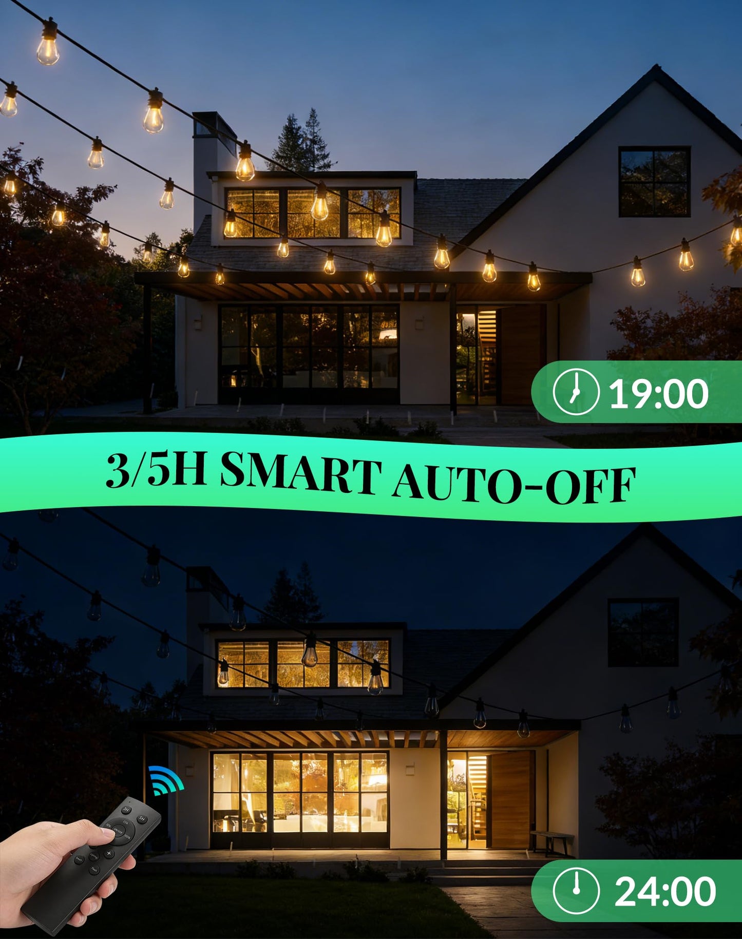 Outdoor String Lights LED Patio-Light - 100Ft Outside Waterproof Dimmable Porch Lights with Remote Shatterproof S14 Bulbs Outside Hanging Light
