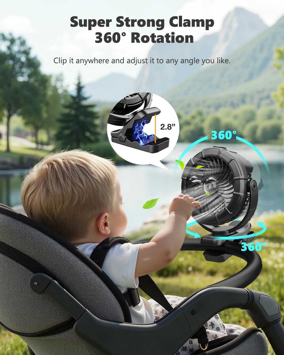 Ausic Portable Clip on Misting Fan, [5-45Hrs] Golf Cart Spray Fan, 720° Rotate Baby Stroller Fan, Outdoor Camping Fan with LED, Rechargeable Battery