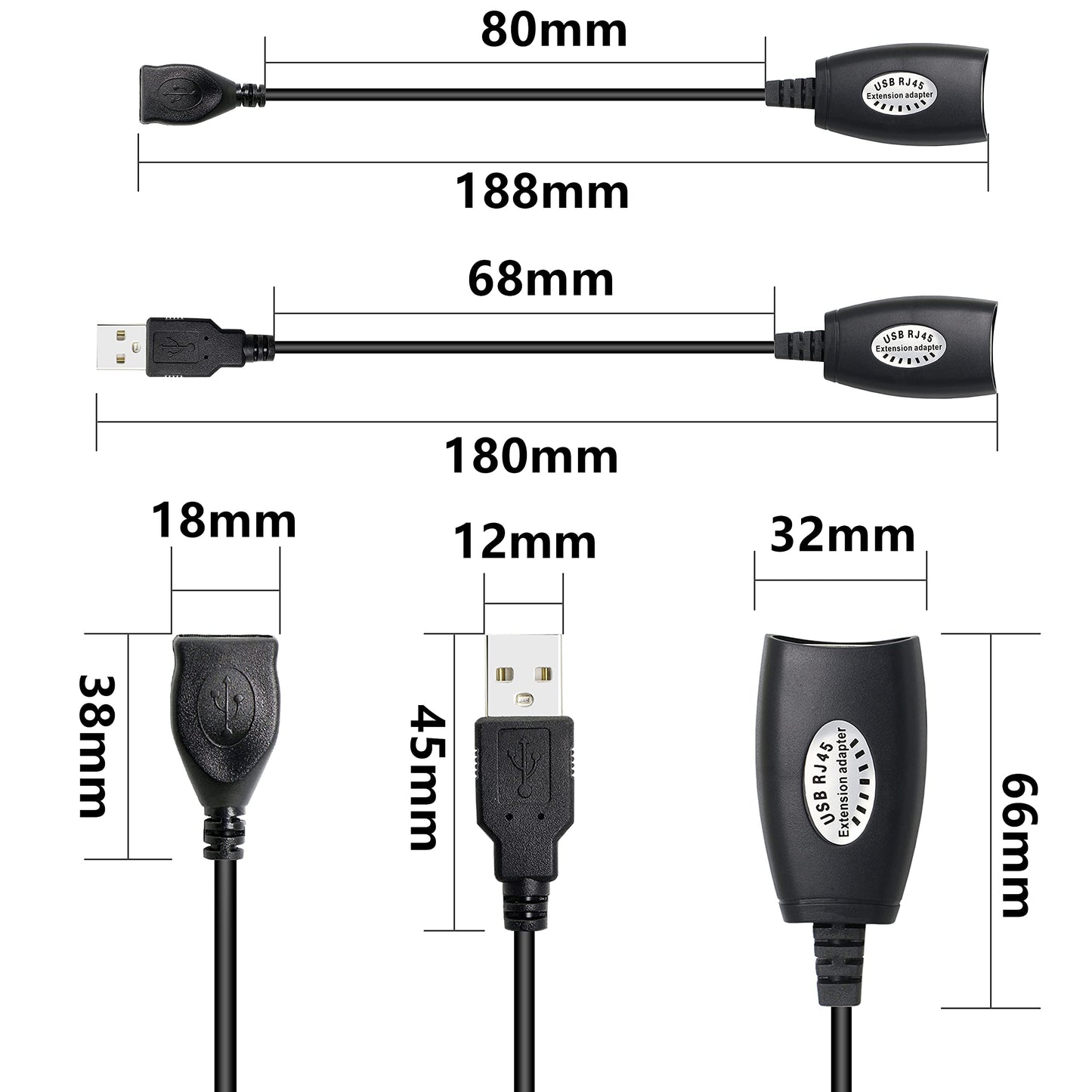 GELRHONR 2Pack USB 2.0 to RJ45 Ethernet Extender Adapter Cable,Over Cat5/Cat5e /Cat6 Cable for Printer Mouse Keyboard-Black