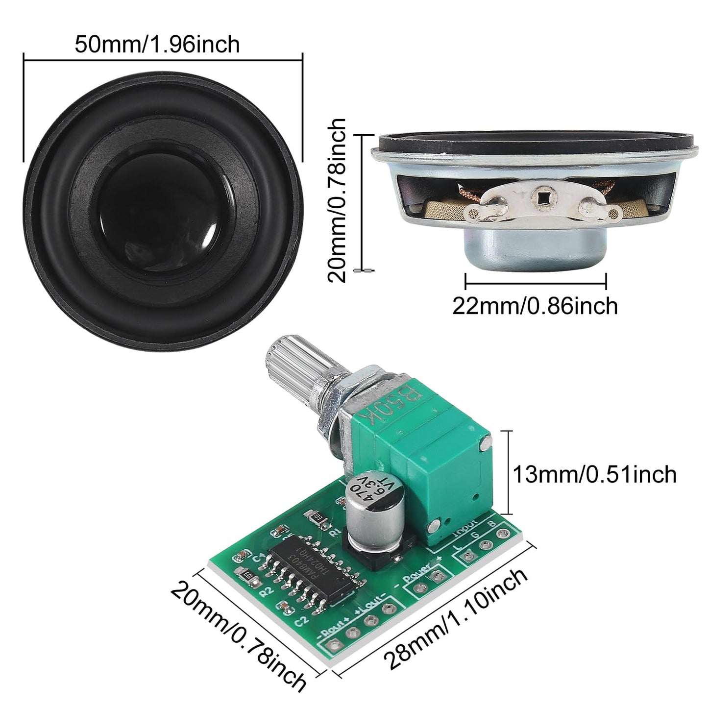 2pcs 1.96inch/50mm 5W 4 Ohm Audio Stereo Speaker Round Loudspeaker with 2PCS 3Wx2 DC 5V Digital Amplifier PAM8403 Amp Module for Arduino DIY