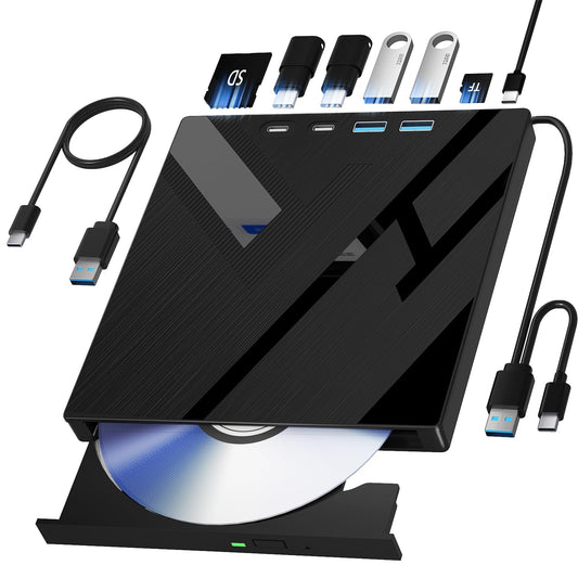 Wbacon 7 in 1 External CD/DVD Drive for Laptop, Portable DVD Player for Laptop with SD/TF Port, External DVD Drive with USB 3.0/Type C, CD Drive USB