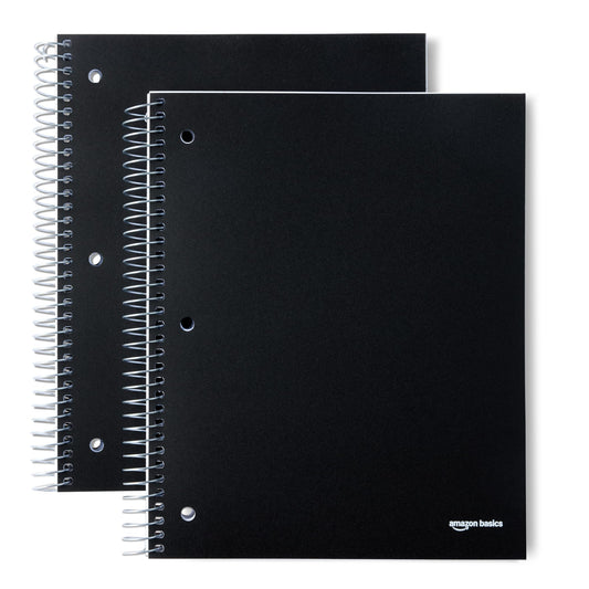 Amazon Basics Wide Ruled 3-Subject Spiral Notebook, 150 Sheets, 8.5 x 10.5 Inches, Black, 2-Pack