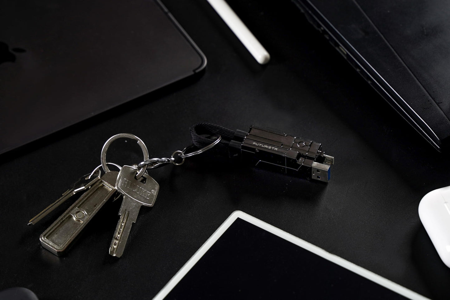 Futurizta Tech® Zeus-X Go Ultra 6 in 1 Keychain Universal Cable 240W 10Gbps USB3.1 USB-C, Lightning, Micro-USB, USB-A (Apex Silver, Keychain)