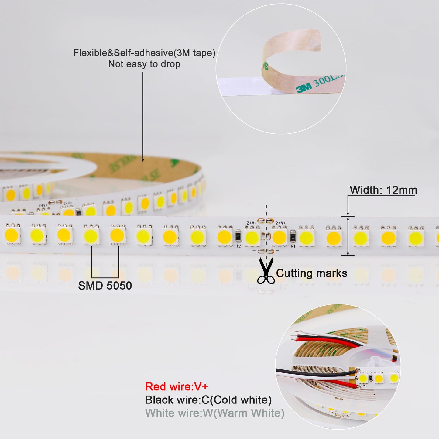 LEDENET CCT Tunable White LED Strip Lights High Density 600LEDs SMD 5050 DC 24V Warm Daylight White Adjustable 2800K-6500K Flexible Light Strips