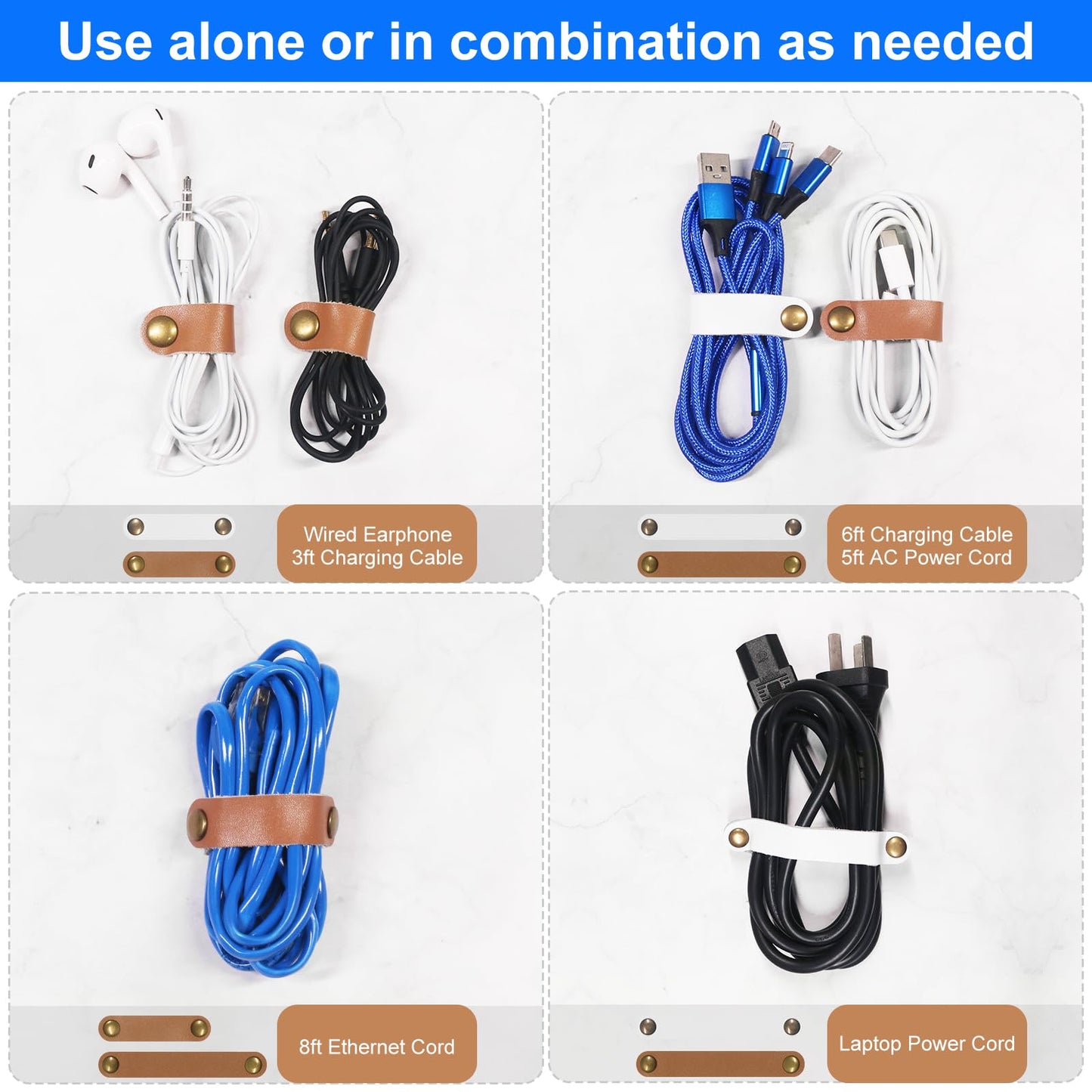 Coideal Leather Cable Ties Organizer, 20 Pcs Earphone Cable Straps Reusable USB Cord Keeper with Snap Cord Clips Holder for Phone (Short + Long