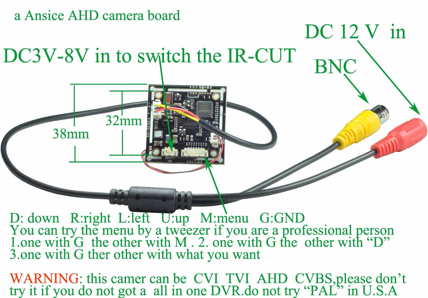 ansice 720P AHD CCTV Board Camera 3.6mm Lens Wide Angle AHD CMOS Chips Board Security with IR-Cut for AHD System Only with Power Supply