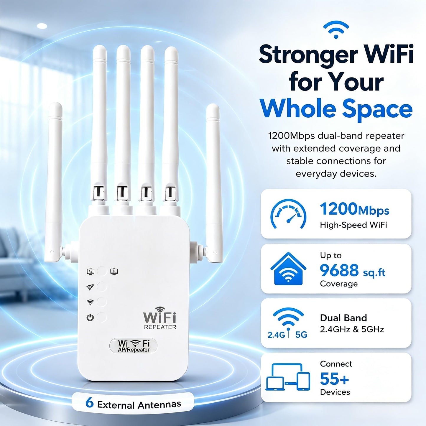 WiFi Extenders Signal Booster for Home, 1200Mbps Wireless WiFi Repeater Dual Band 5GHz & 2.4GHz with 6 Antennas & Ethernet Port, Supports 55+ Devices