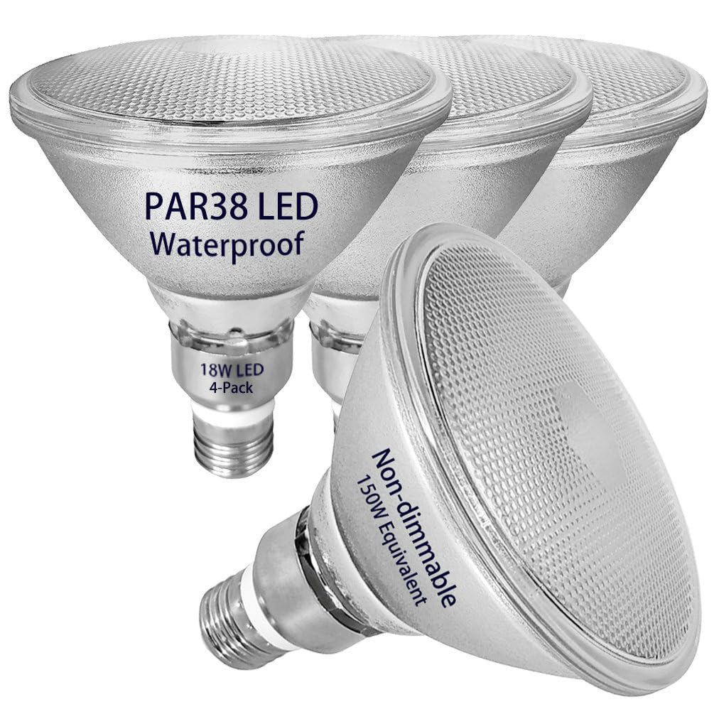 Glass Reflector PAR38 LED Bulbs,Warm White Light,18W,Indoor/Outdoor Flood Light,Waterproof,4-Pack,150W Halogen Equivalent,LED PAR38 Soft White